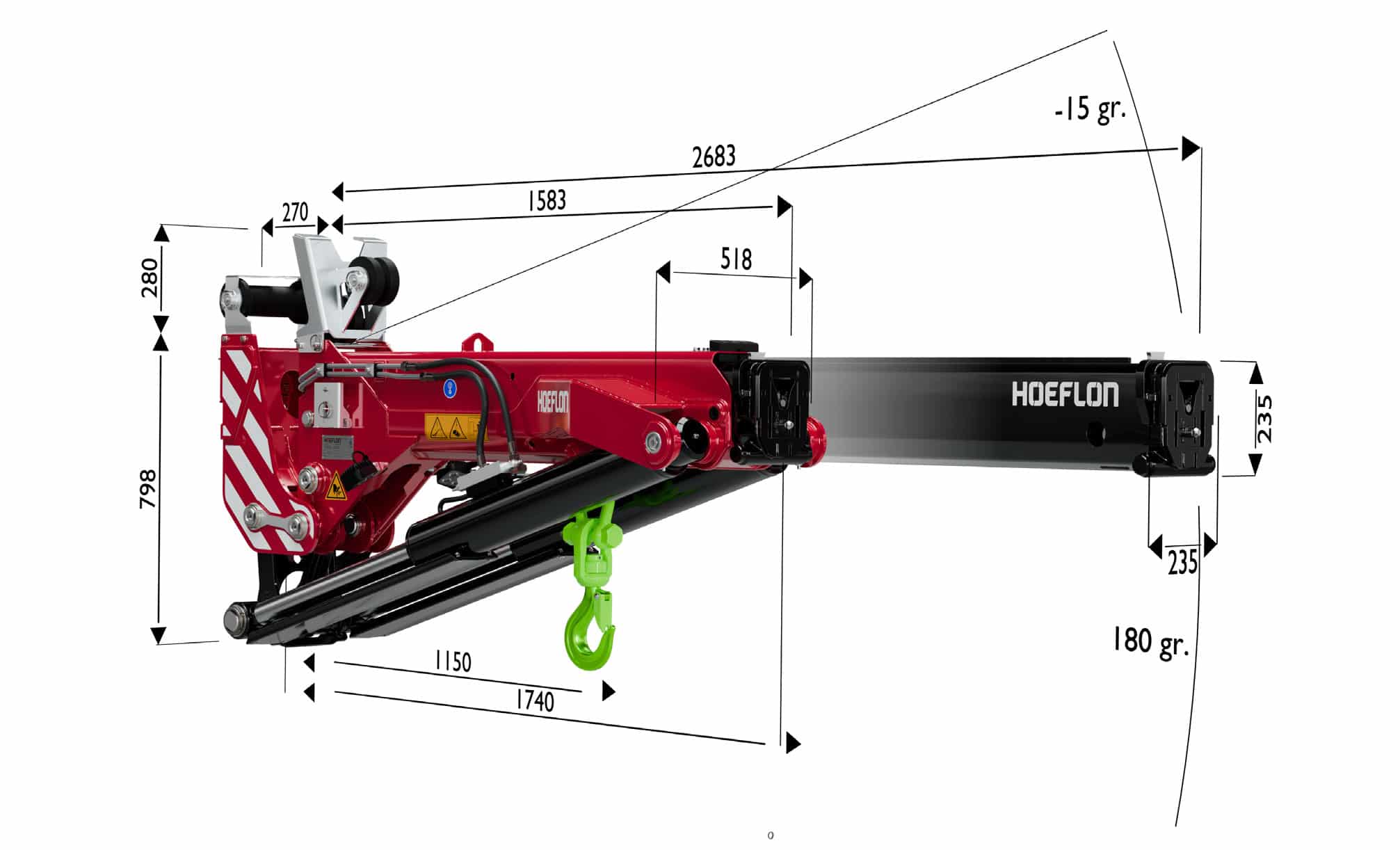 Jibben veier bare 500 kg, kan justeres fra +15° til -90°, og har en lengde fra 1,75 m inntrukket til 2,85 m utslått.