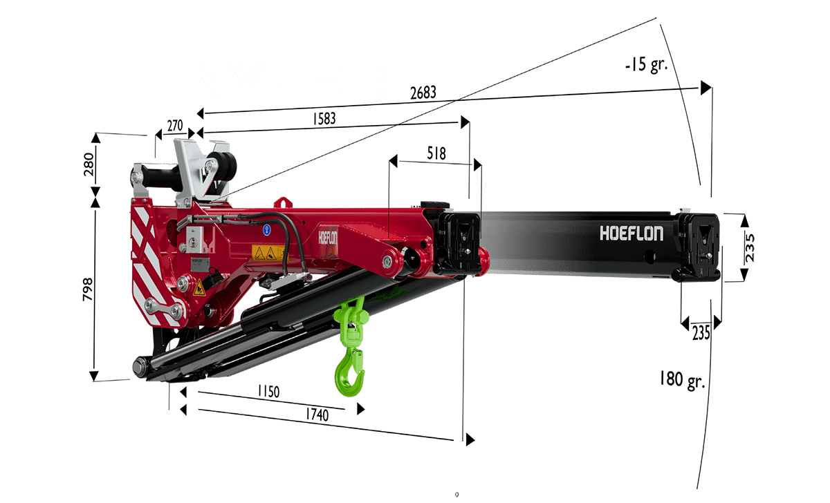 Jibben veier bare 500 kg, kan justeres fra +15° til -90°, og har en lengde fra 1,75 m inntrukket til 2,85 m utslått.